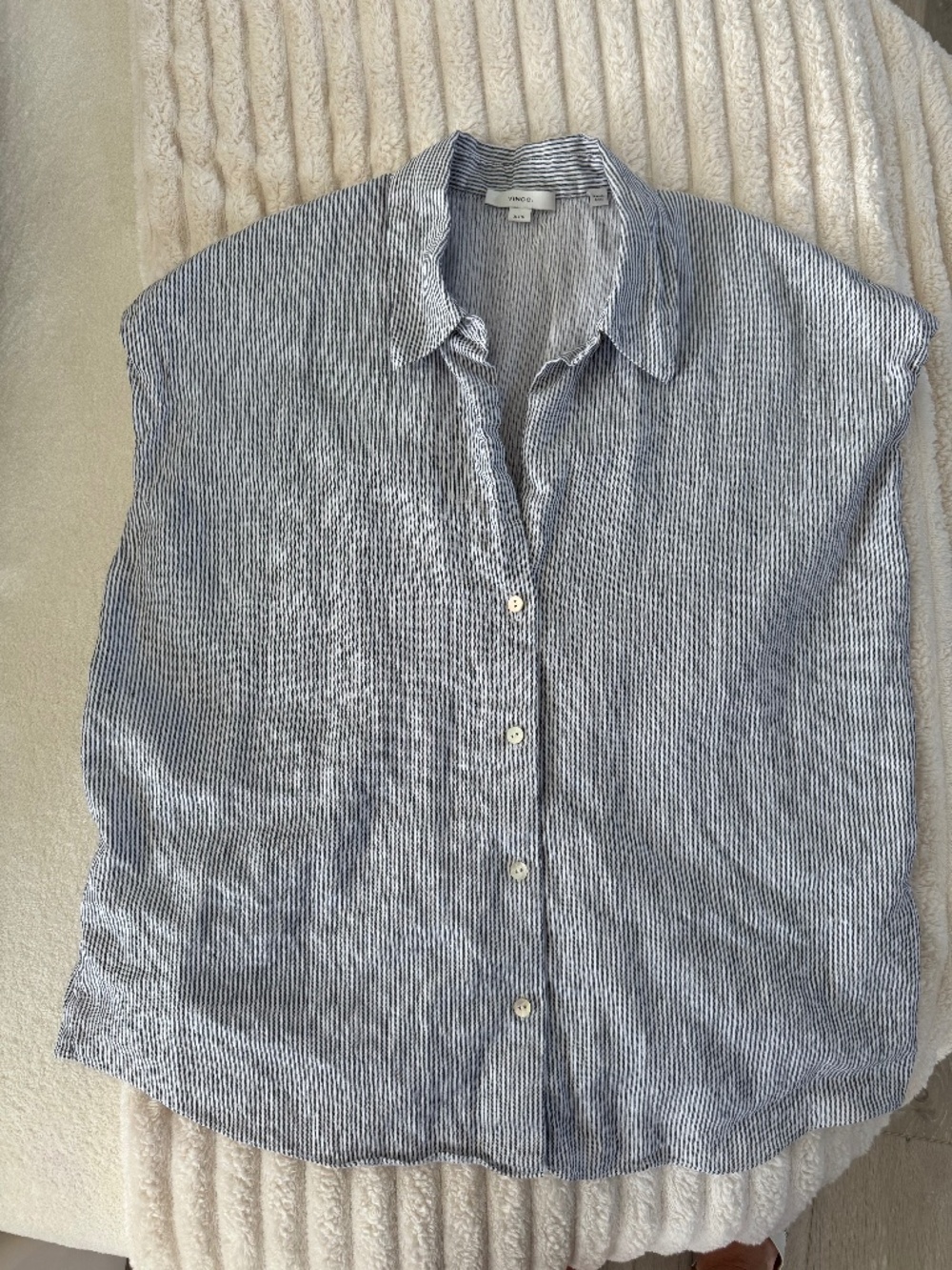 Vince Ticking Stripe Cap Sleeve Linen & Cotton Button Up Shirt